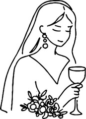 Minimalist line art of bride with bouquet and wine glass for elegant wedding design