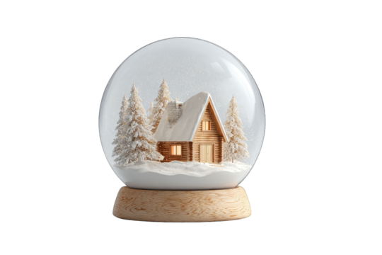 Snow globe; cozy wooden cabin, snowy forest - Powered by Adobe