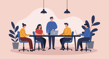 Diverse team collaborating in a modern office meeting, discussing ideas and working together on laptops. Ideal for business, teamwork, and communication concepts.