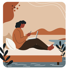 Fototapeta premium Focused individual multi-tasking on laptop and smartphone from a comfortable bed or lounge, embodying modern remote work and digital lifestyle.