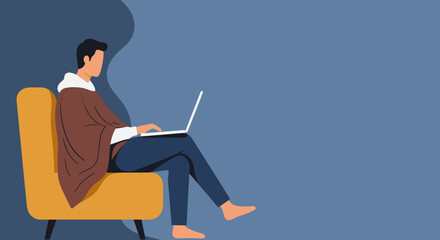 A man comfortably uses a laptop on a chair, illustrating remote work, online learning, or digital lifestyle from home. Ideal for business, technology, or lifestyle content.