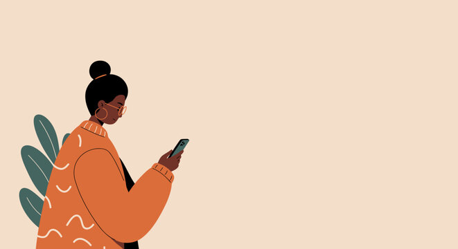 Illustrated Black woman actively engaging with her smartphone, representing modern communication, online connectivity, and daily digital lifestyle.