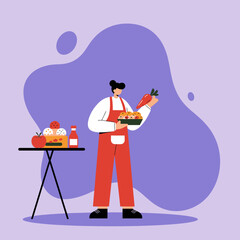 Chef preparing fresh vegetables and baked goods, promoting healthy eating, organic food, and culinary creativity.