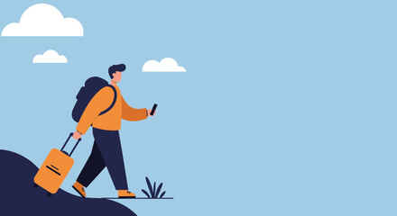 Modern traveler exploring with backpack and suitcase, navigating with a smartphone. Ideal for travel apps, blogs, or lifestyle content.