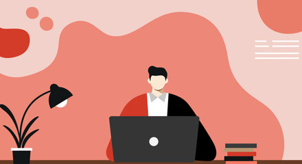 Abstract illustration of a person working remotely on a laptop, emphasizing modern business, online learning, and productivity at home.
