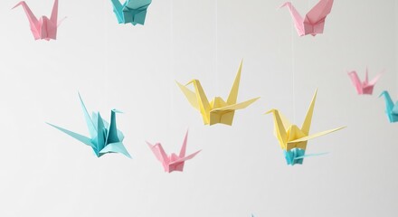 Zarte Papierkraniche schweben leicht im sanften Licht. AI Generated
