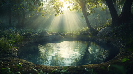 Enchanting forest pond with sunbeams filtering through the trees creating a magical and serene atmosphere in a lush and vibrant natural environment