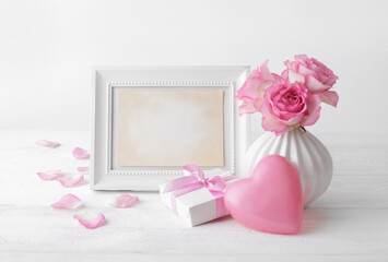 photo frame and rose flowers, gift box - valentines day or wedding,