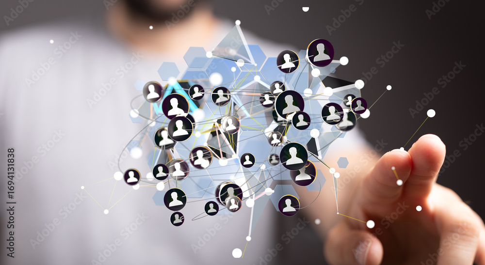 Poster abstract image of a network connection, showing people icons linked together. represents global comm