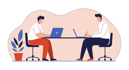 Two male professionals working at a desk, one on a laptop and the other writing. Ideal for concepts of teamwork, productivity, and modern business.