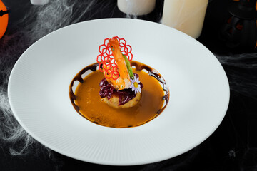 Gastronomic Symphony: A close-up of a gourmet culinary creation, showcasing a meticulously arranged dish presented on a clean, elegant plate. The focal point is a succulent shrimp.
