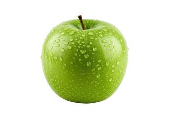 Vibrant green granny smith apple with glistening water droplets, perfectly round and crisp, isolated on a transparent background with soft studio light. Concept of fresh natural health