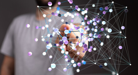 Abstract image of a person interacting with a complex network, representing global connectivity,...