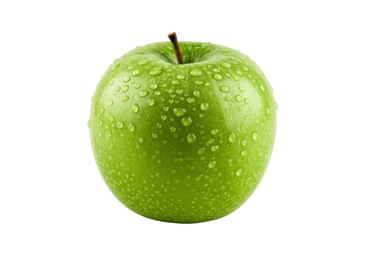 Vibrant green granny smith apple with glistening water droplets, perfectly round and crisp, isolated on a transparent background with soft studio light. Concept of fresh natural health
