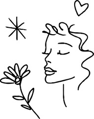 Minimalist line art of female face with floral and heart elements for decor and design