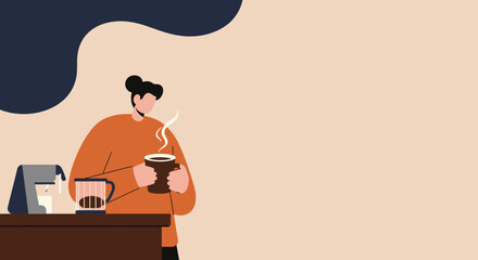 Person holding a steaming cup of coffee after brewing it in a modern coffee maker. Represents daily routines, breaks, and cozy home or office moments.