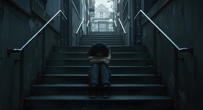 Alone Girl Sitting on Outdoor Stairs