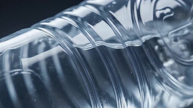Close-up of water sloshing in a clear, ribbed, plastic bottle against a dark background