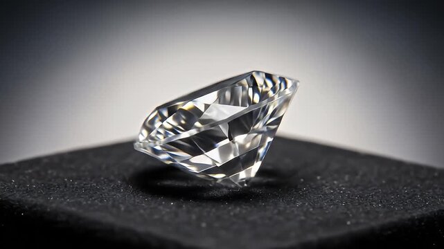 Round, faceted gemstone on dark textured surface with a grey gradient background