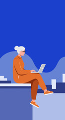 Engaged senior woman works on a laptop in a vibrant urban setting. Highlights modern active aging, digital literacy, and urban lifestyle. Useful for technology and business concepts.