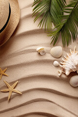 summer holiday accessories on the sandy beach. summer hat and seashells