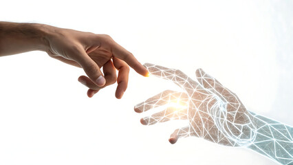 Human hand touching digital hand isolated on white background