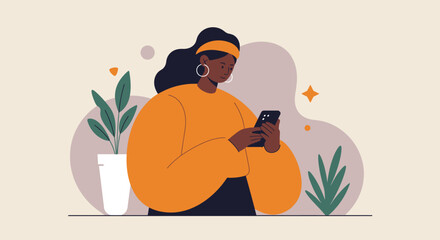 Smiling woman uses a smartphone for communication or social media in a cozy, modern setting with plants. Ideal for technology, digital lifestyle, and online connectivity concepts.