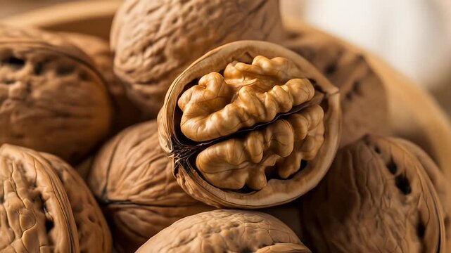 Close-up of pile of whole walnuts with one walnut halved and open, showing the kernel