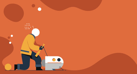 Minimalist illustration of an astronaut maintaining a robot on an orange Martian-like landscape, representing technology and space exploration.