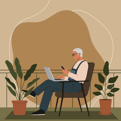 Senior man works remotely on laptop and smartphone from his balcony, embracing technology and modern lifestyle. Ideal for business, retirement, or tech concepts.
