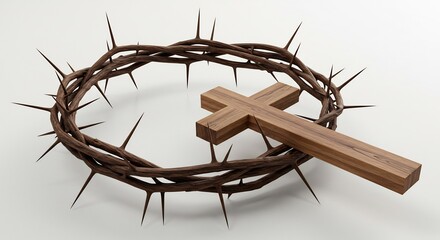 Holzkreuz ruht sanft Dornenkrone helles Licht strahlt Ruhe aus. AI Generated