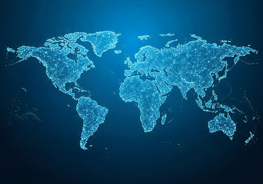 Global world map network, digital earth connection, futuristic technology background, communication web illustration, glowing blue connectivity design,