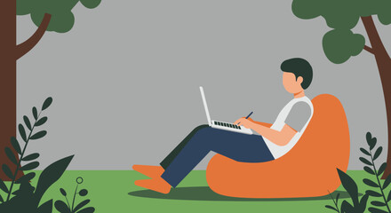 Person working remotely on laptop from a comfortable outdoor setting, combining productivity with nature. Ideal for themes of flexible work, digital nomad lifestyle, and modern technology integration.