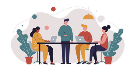 Diverse business team collaborating in a modern office space. Professionals working together, sharing ideas, and discussing projects for growth and innovation.