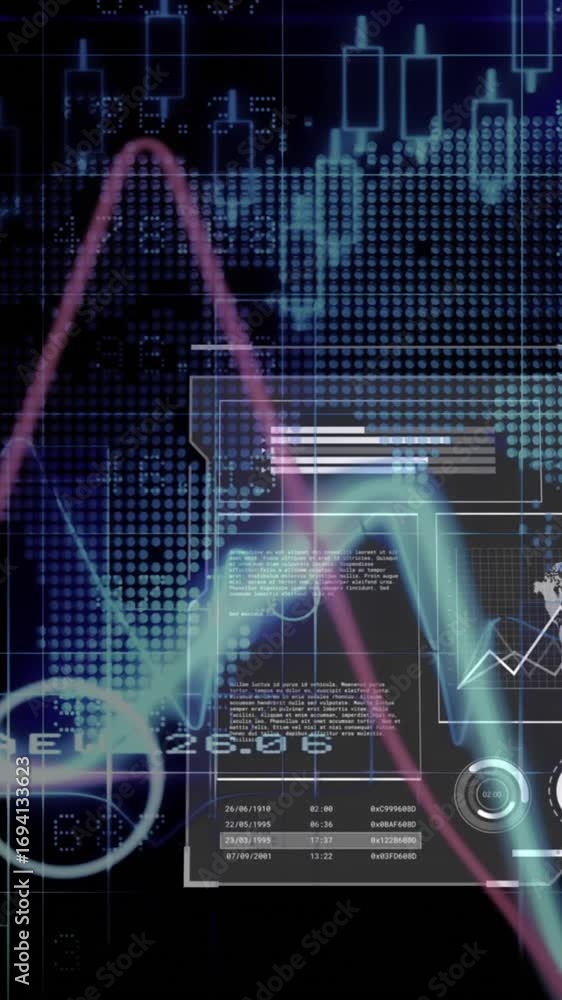 Aufkleber animation of financial data processing with world map and globe over black background