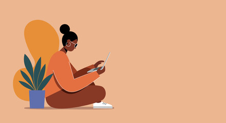 Young woman working remotely on laptop from home, sitting comfortably with a plant. Represents modern lifestyle, freelance work, and online education.