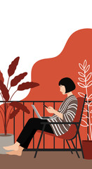 Woman working remotely on laptop and phone from a comfortable balcony or patio. Modern digital lifestyle and relaxation.