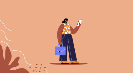 Professional woman with a briefcase uses a tablet, embodying modern business communication and digital productivity in a clean, stylish illustration.