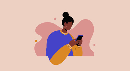 A focused woman uses her smartphone for digital communication or social media against a modern abstract background. Perfect for lifestyle, technology, or app-related content.