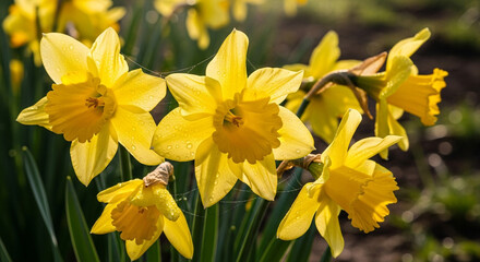 Vibrant yellow daffodils blooming in springtime sunlight with delicate water droplets