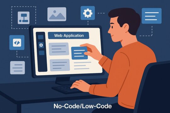 A man creating a web application using a no-code/low-code platform for efficiency and speed