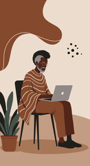 Focused senior African American man using a laptop, representing remote work, digital connection, and a modern lifestyle. Ideal for technology, education, or business concepts.