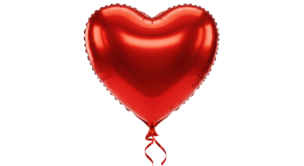 Vibrant red metallic foil heart-shaped balloon with elegant curling ribbon, highly reflective, isolated on pure transparent background with ample negative space. Concept of love and celebration