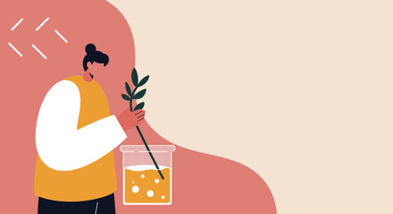 Person studying a plant branch in a scientific beaker with liquid. Represents research, natural medicine, botany, and eco-friendly innovation.