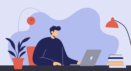 Illustration of a person working remotely on a laptop at a comfortable home office desk. Ideal for concepts of productivity, online education, and modern freelance lifestyle.