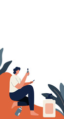 Relaxed person engaged in a beauty routine with various cosmetic products. Perfect for wellness, skincare, and lifestyle content.