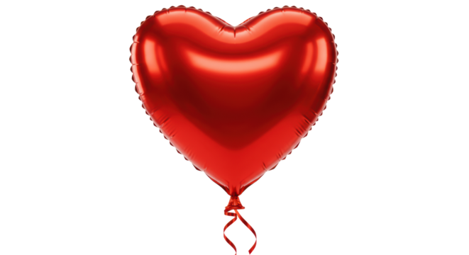 Vibrant red metallic foil heart-shaped balloon with elegant curling ribbon, highly reflective, isolated on pure transparent background with ample negative space. Concept of love and celebration