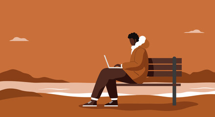 A man works remotely on his laptop from a scenic outdoor bench overlooking water and hills, embodying flexible modern work and a digital lifestyle.