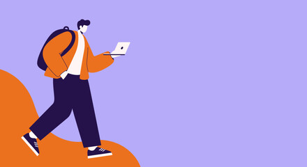 Modern man with a backpack and laptop walking, representing remote work, online learning, or digital nomad lifestyle. Emphasizes flexibility and connectivity.