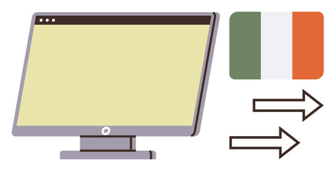 Computer monitor alongside Ireland flag and directional arrows symbolizing data flow. Ideal for technology, globalization, internet, communication, connectivity, international business, education